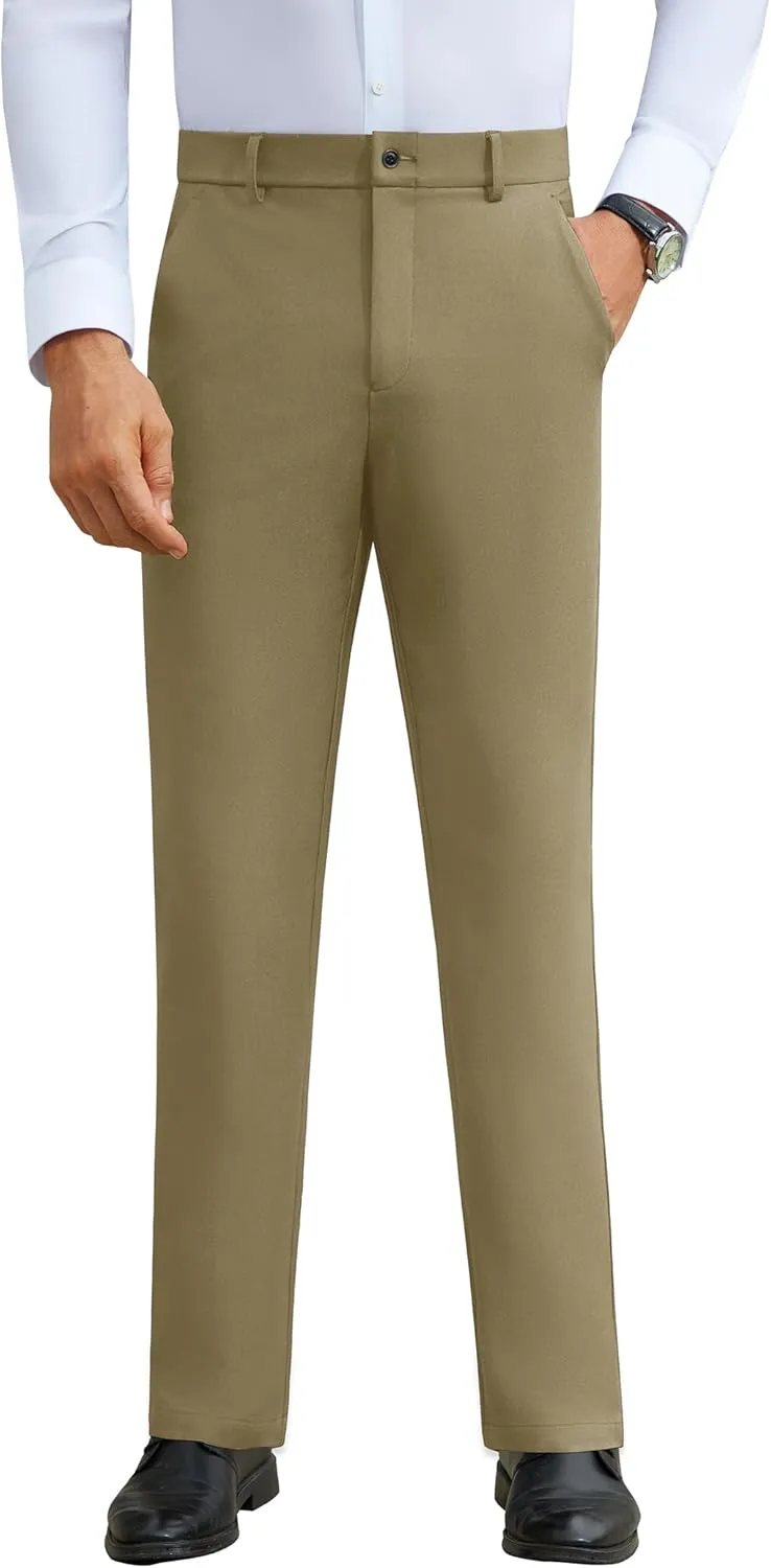 DEMEANOR Stretch Mens Dress Pants Slim Fit Dress Pants for Men Expandable Waist Wrinkle Free Work Dress Pants Golf Pants