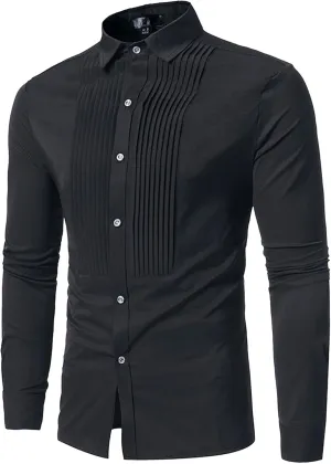 DGHM-JLMY Men Business Pleated Henry Collar Long Sleeve Shirt Slim Fit Pleated Tuxedo Wedding Shirt Solid Party Dress Shirt