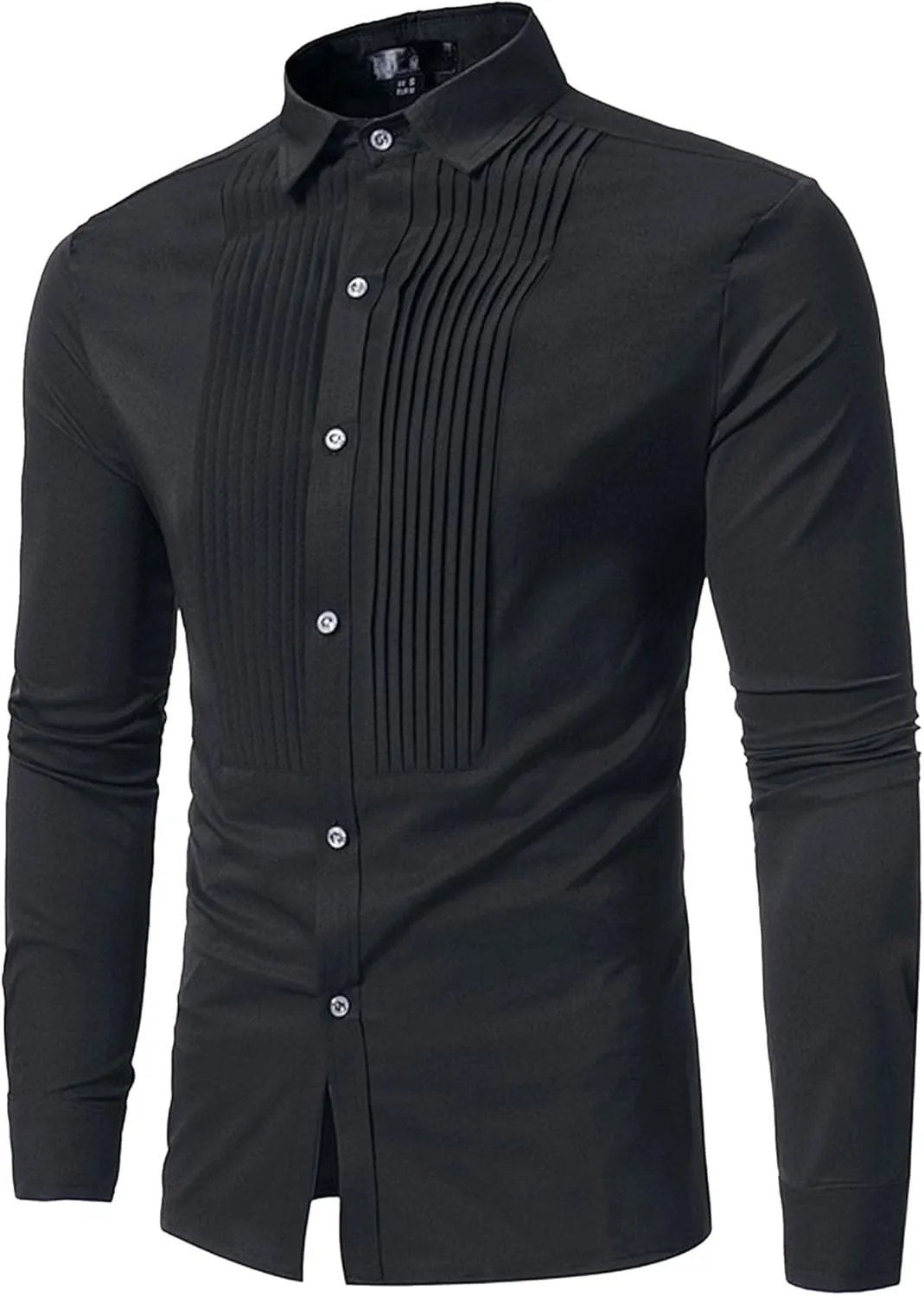 DGHM-JLMY Men Business Pleated Henry Collar Long Sleeve Shirt Slim Fit Pleated Tuxedo Wedding Shirt Solid Party Dress Shirt