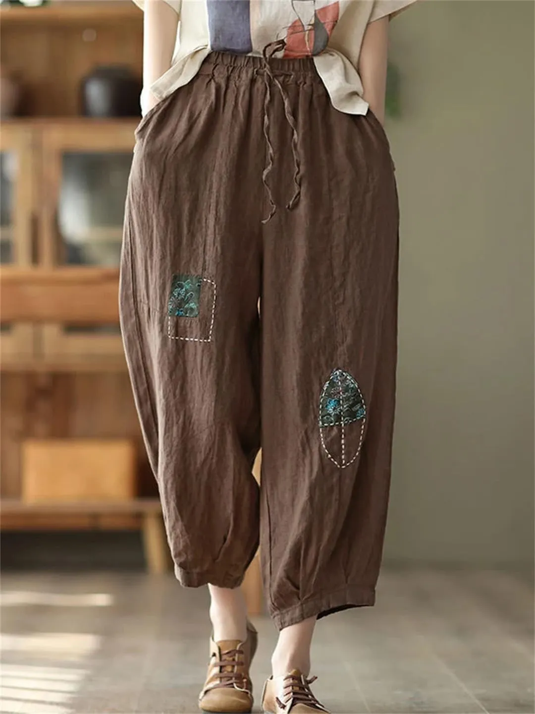 Dndrdhfb Women's Retro Elastic Waist Harem Pants Casual Sports Pants Women's Cotton Wide Leg Pants
