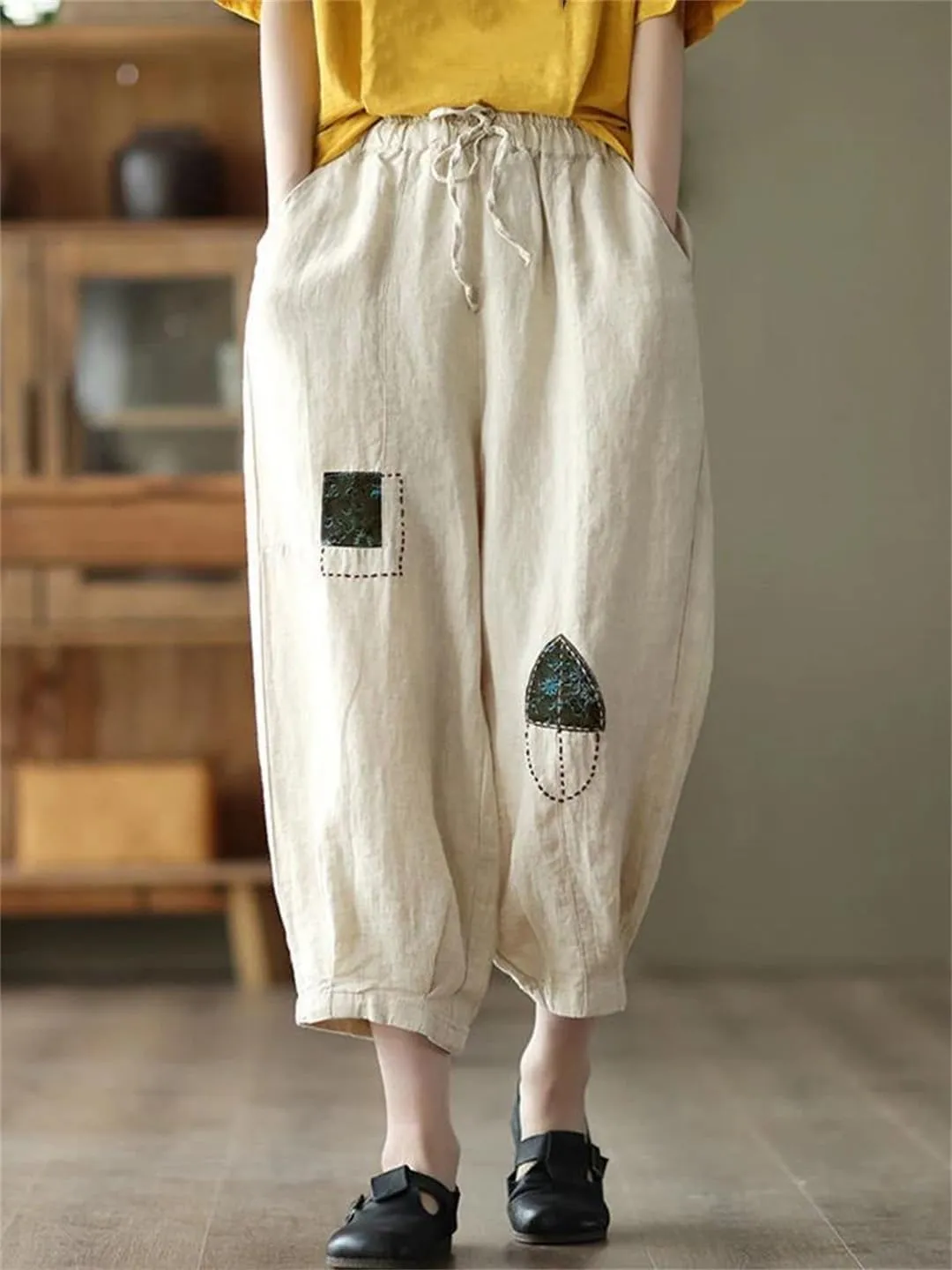 Dndrdhfb Women's Retro Elastic Waist Harem Pants Casual Sports Pants Women's Cotton Wide Leg Pants