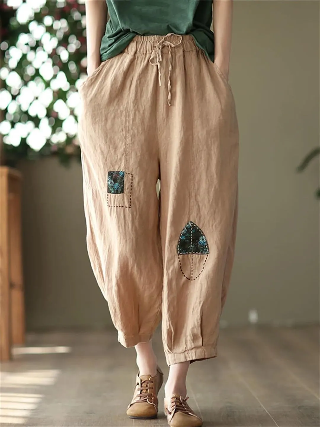 Dndrdhfb Women's Retro Elastic Waist Harem Pants Casual Sports Pants Women's Cotton Wide Leg Pants