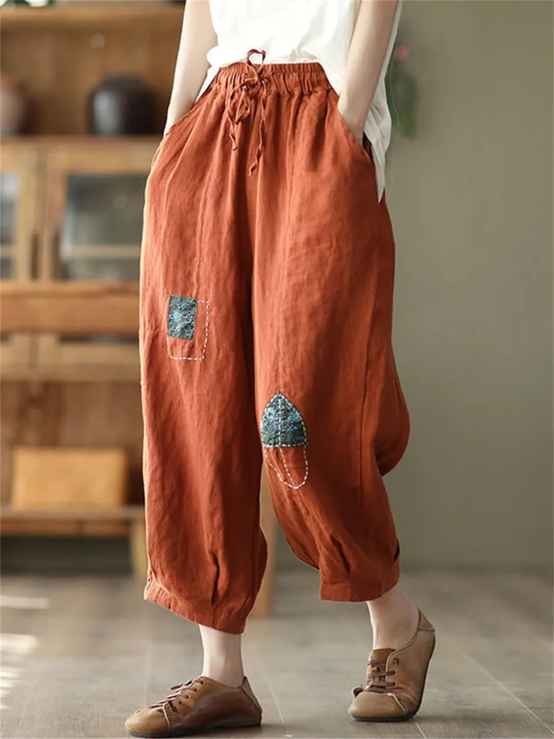 Dndrdhfb Women's Retro Elastic Waist Harem Pants Casual Sports Pants Women's Cotton Wide Leg Pants