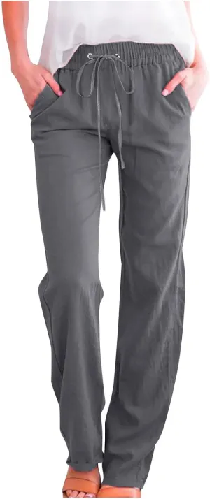 DOLKFU Loose Pants for Women Straight Leg Linen Pants Trousers Drawstring Elastic High Waist Summer Vacation Pants