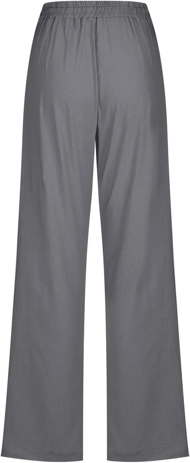 DOLKFU Loose Pants for Women Straight Leg Linen Pants Trousers Drawstring Elastic High Waist Summer Vacation Pants