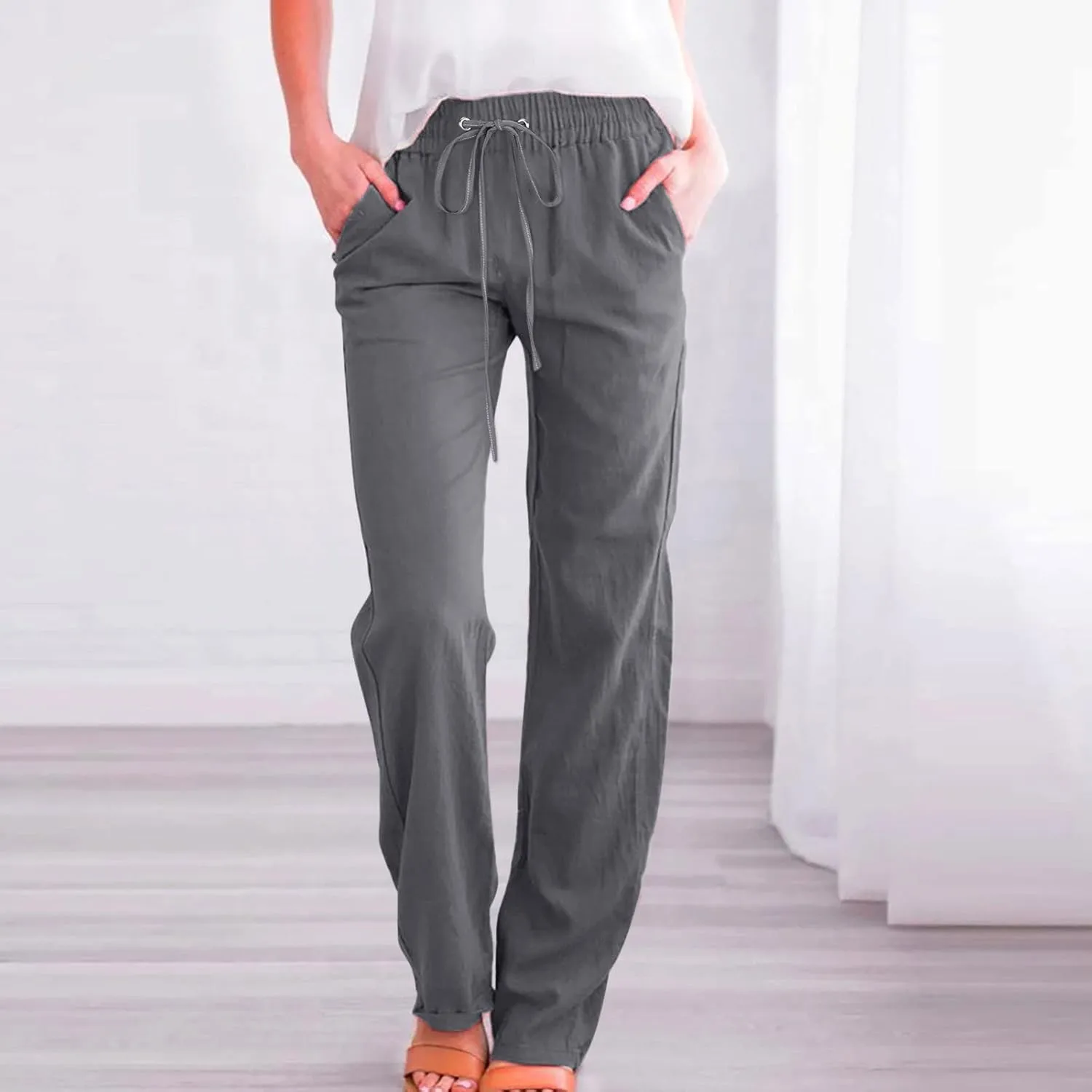 DOLKFU Loose Pants for Women Straight Leg Linen Pants Trousers Drawstring Elastic High Waist Summer Vacation Pants