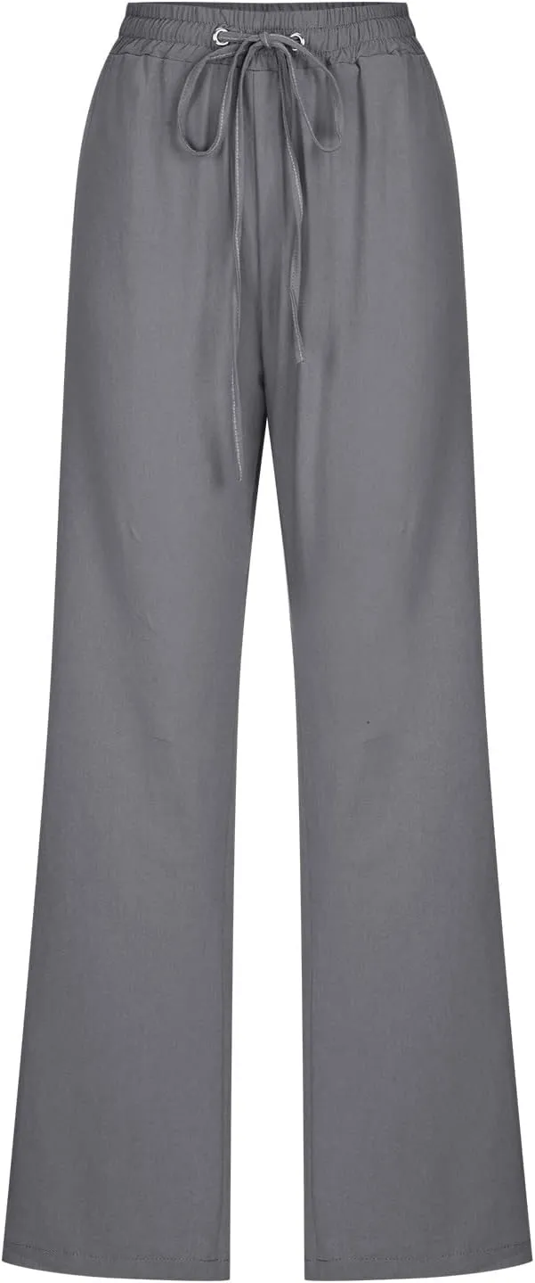 DOLKFU Loose Pants for Women Straight Leg Linen Pants Trousers Drawstring Elastic High Waist Summer Vacation Pants