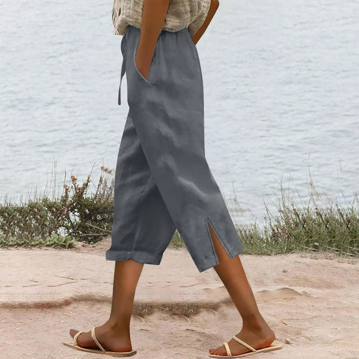 Drawstring Womens Linen Pants with Pockets Cotton Linen Palazzo Trousers for Women Ladies Wide Leg Beach Loose Pants