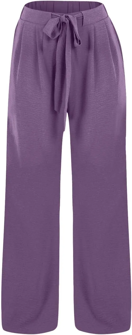 Drawstring Womens Linen Pants with Pockets Cotton Linen Palazzo Trousers for Women Ladies Wide Leg Beach Loose Pants