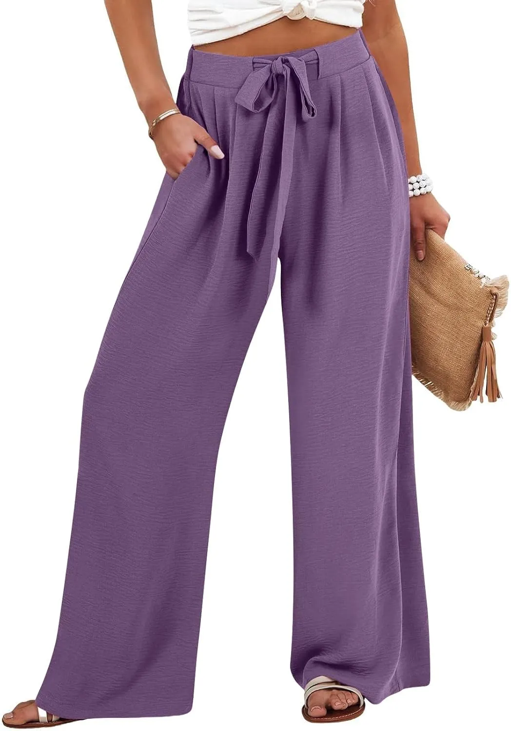 Drawstring Womens Linen Pants with Pockets Cotton Linen Palazzo Trousers for Women Ladies Wide Leg Beach Loose Pants
