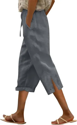 Drawstring Womens Linen Pants with Pockets Cotton Linen Palazzo Trousers for Women Ladies Wide Leg Beach Loose Pants