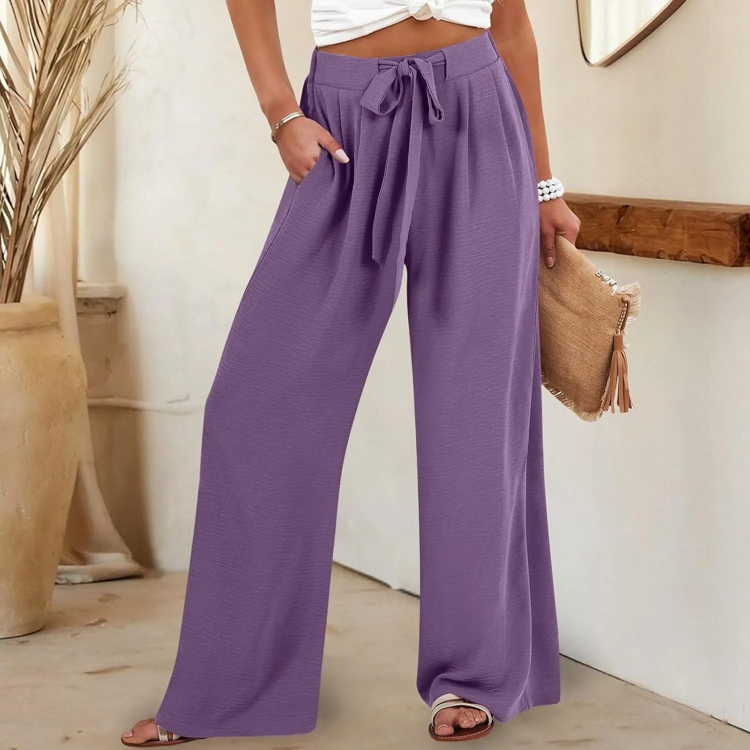 Drawstring Womens Linen Pants with Pockets Cotton Linen Palazzo Trousers for Women Ladies Wide Leg Beach Loose Pants