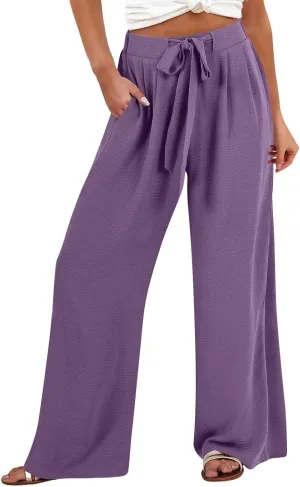 Drawstring Womens Linen Pants with Pockets Cotton Linen Palazzo Trousers for Women Ladies Wide Leg Beach Loose Pants