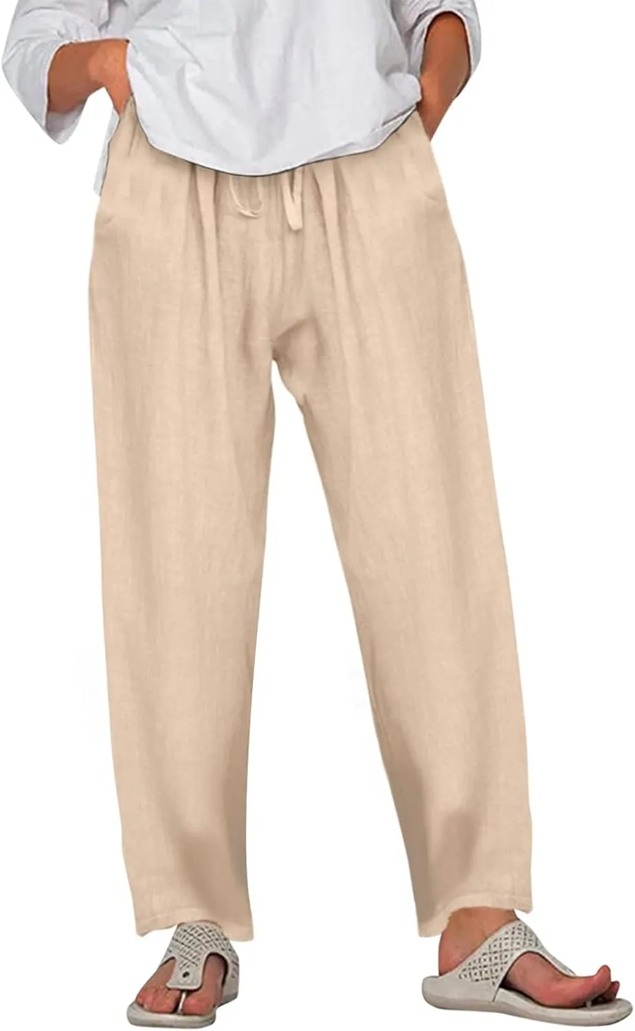 Dressy Capri Pants for Women Summer Linen Pants Wide Leg with Pockets Drawstring Casual Flowy Palazzo Cute Capris