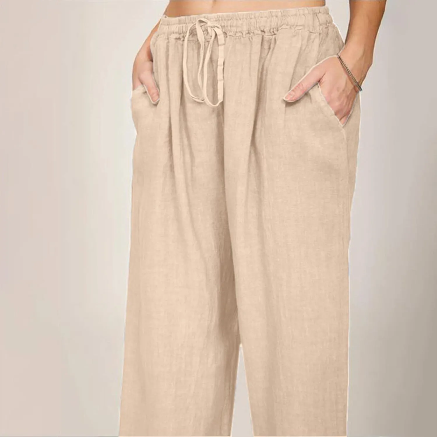 Dressy Capri Pants for Women Summer Linen Pants Wide Leg with Pockets Drawstring Casual Flowy Palazzo Cute Capris