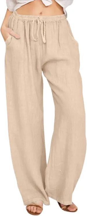 Dressy Capri Pants for Women Summer Linen Pants Wide Leg with Pockets Drawstring Casual Flowy Palazzo Cute Capris