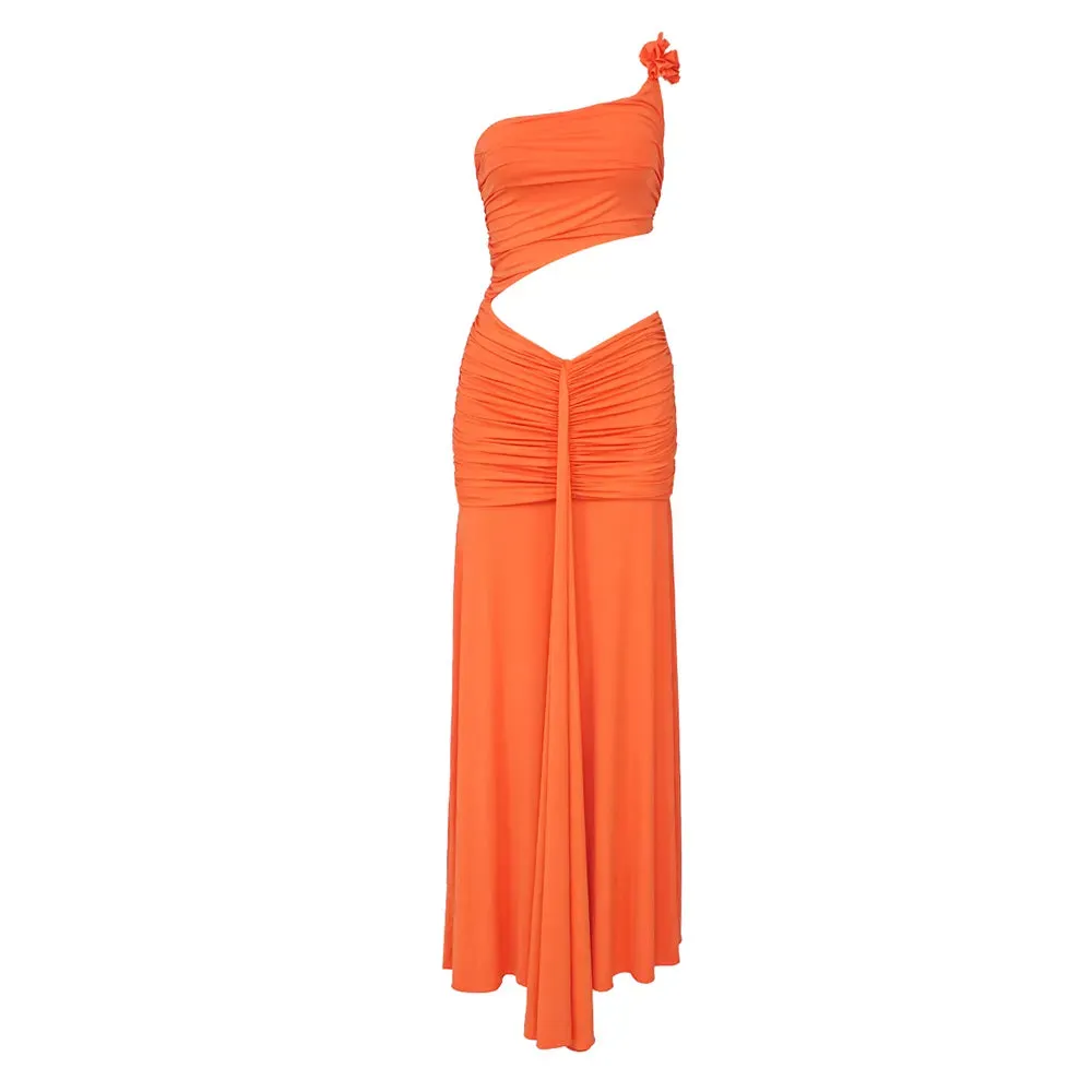 Elegant Diagonal Collar Sleeveless Orange Long Dress
