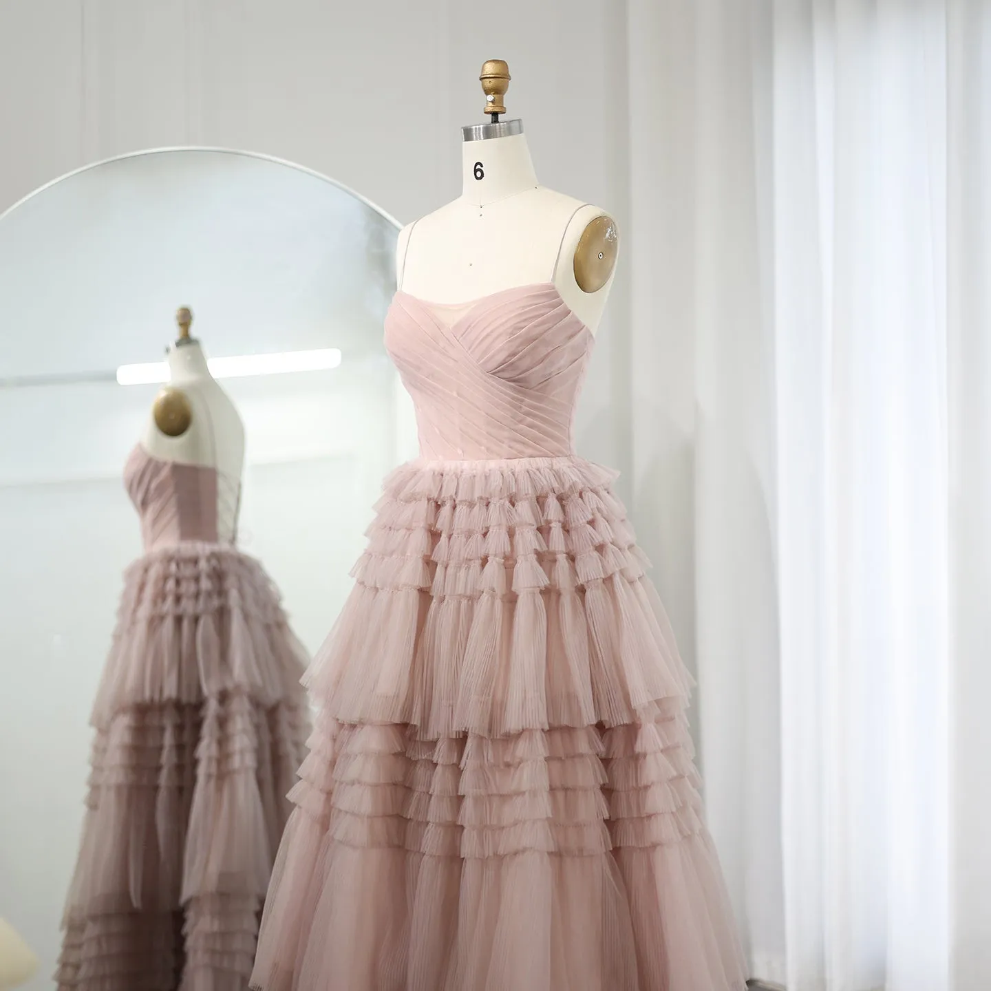 Elegant Pink Tiered Puffy Spaghetti Evening Dress SS245