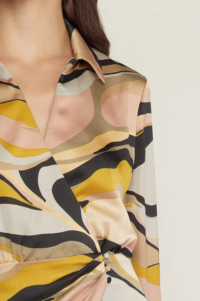 Entro Swirl Print V Neck Wrap Style Mini Dress In Grey Blush