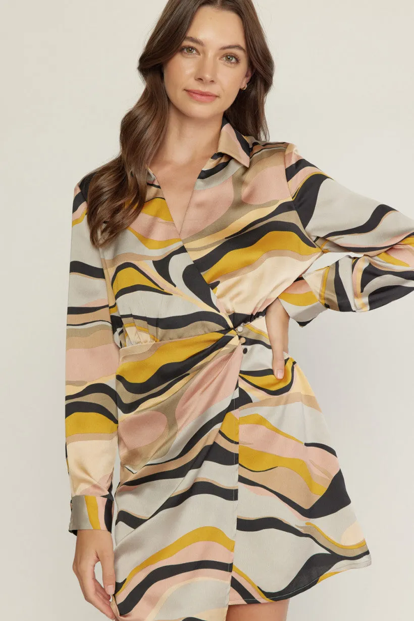 Entro Swirl Print V Neck Wrap Style Mini Dress In Grey Blush