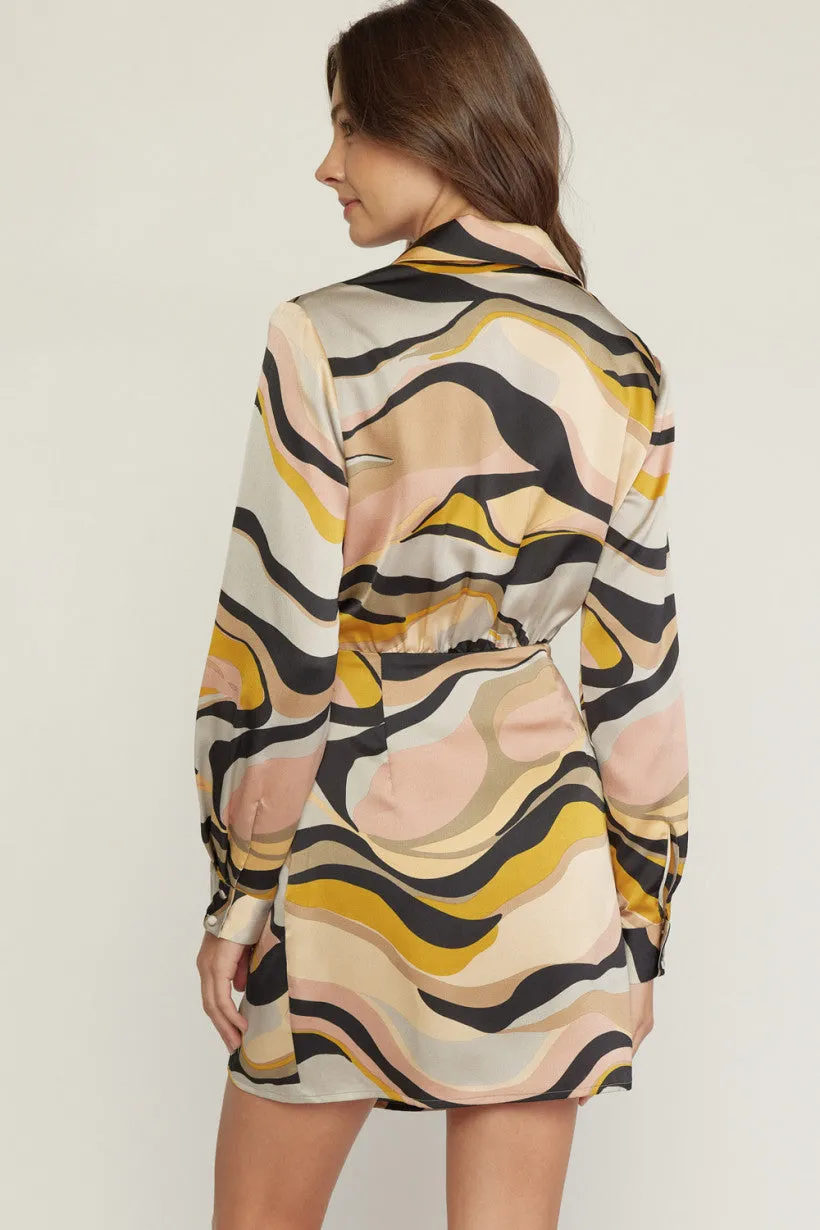 Entro Swirl Print V Neck Wrap Style Mini Dress In Grey Blush