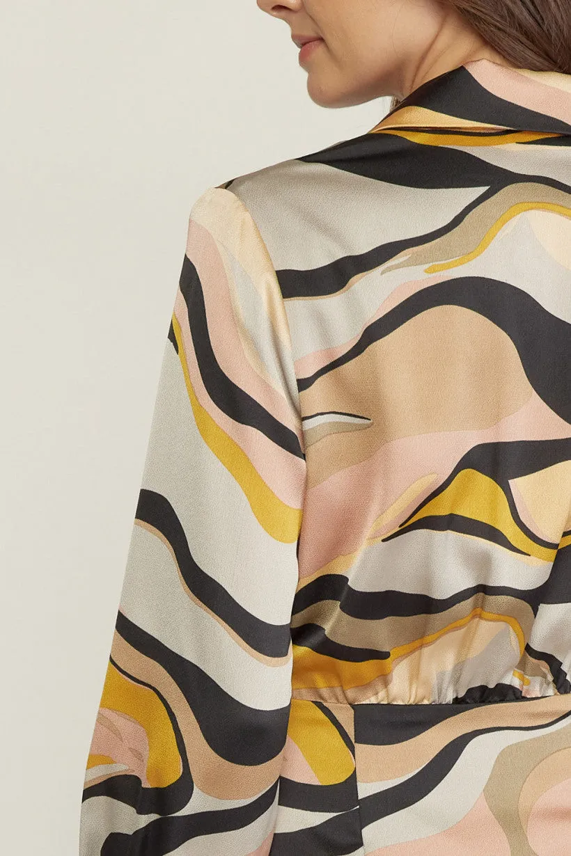 Entro Swirl Print V Neck Wrap Style Mini Dress In Grey Blush