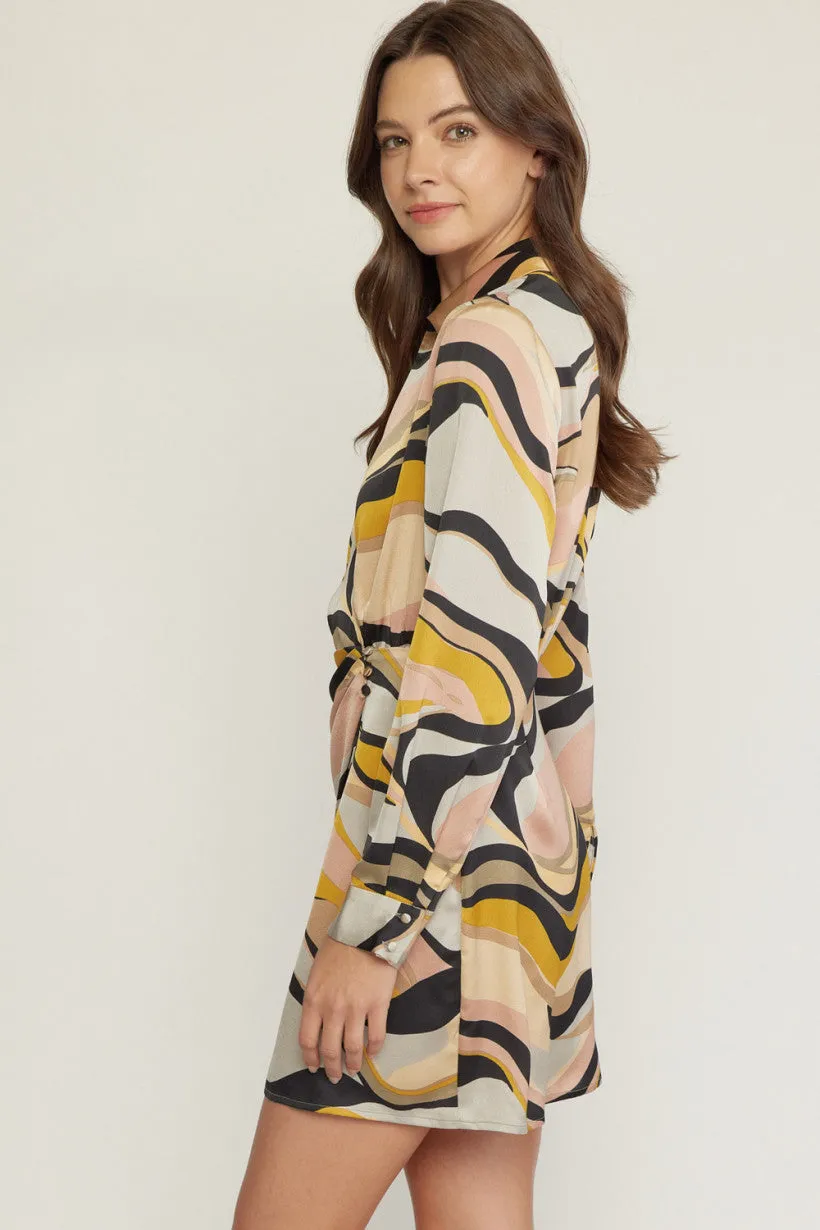 Entro Swirl Print V Neck Wrap Style Mini Dress In Grey Blush