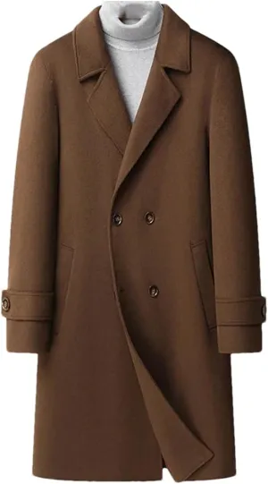 ERFMFKL Men's Wool Blend Coat Slim Fit Top Coats Double-Breasted Padded Cotton Woolen Business Overcoat
