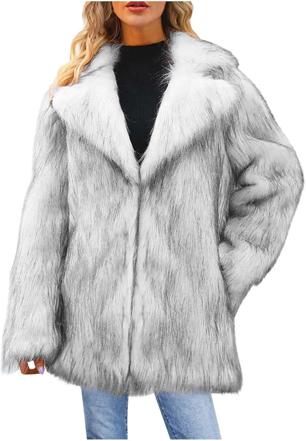 Faux Fur Winter Long Coats Women Warm Lapel Faux Fur Fuzzy Coat Jacket Overcoat Fashion Open Front Cardigan Outerwear