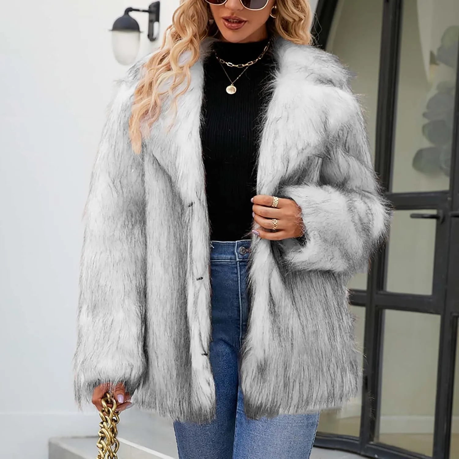 Faux Fur Winter Long Coats Women Warm Lapel Faux Fur Fuzzy Coat Jacket Overcoat Fashion Open Front Cardigan Outerwear