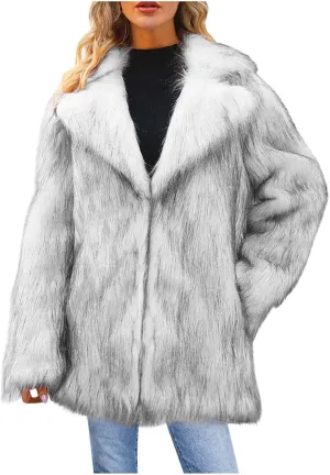 Faux Fur Winter Long Coats Women Warm Lapel Faux Fur Fuzzy Coat Jacket Overcoat Fashion Open Front Cardigan Outerwear