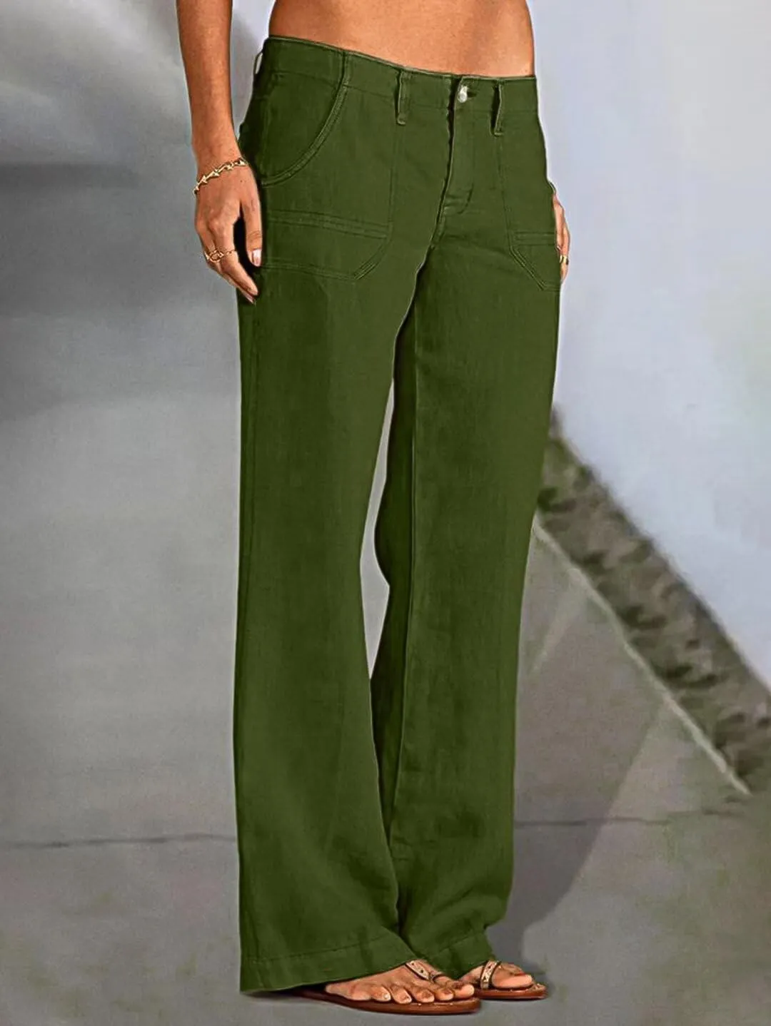 Flamingals Women's Linen Pants Low Rise Wide Leg Pants Flare Dress Pants Without Belt