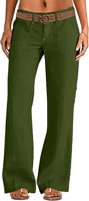 Flamingals Women's Linen Pants Low Rise Wide Leg Pants Flare Dress Pants Without Belt