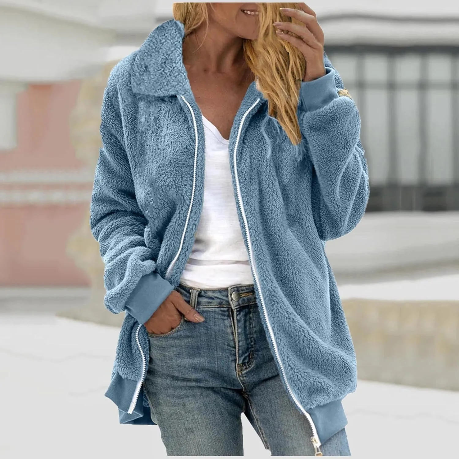 Fleece Jacket for Women Winter Warm Zip Up Stand Collar Coat Fluffy Sherpa Outerwear with Pockets