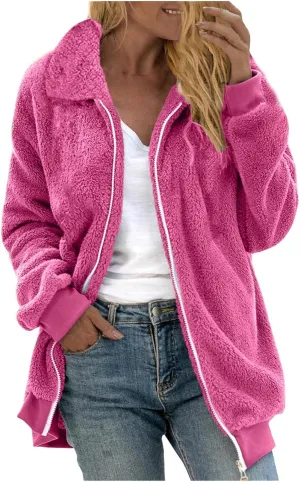 Fleece Jacket for Women Winter Warm Zip Up Stand Collar Coat Fluffy Sherpa Outerwear with Pockets