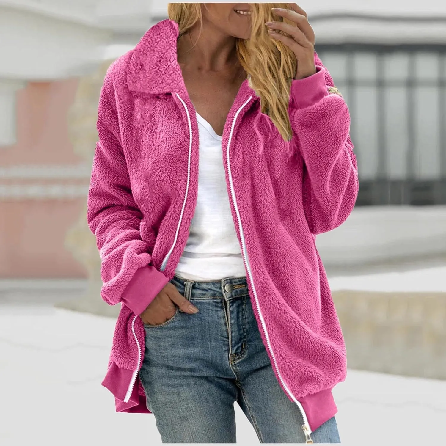 Fleece Jacket for Women Winter Warm Zip Up Stand Collar Coat Fluffy Sherpa Outerwear with Pockets