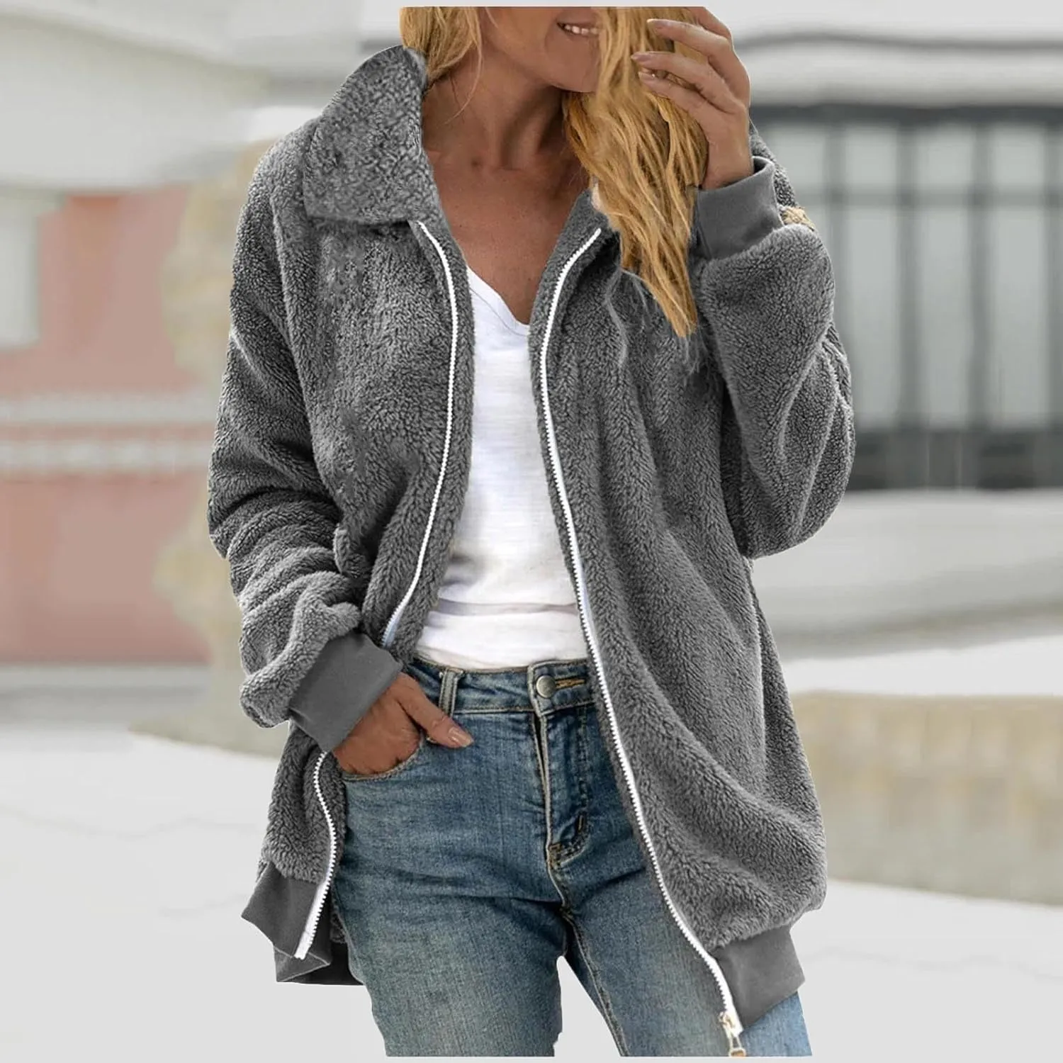 Fleece Jacket for Women Winter Warm Zip Up Stand Collar Coat Fluffy Sherpa Outerwear with Pockets