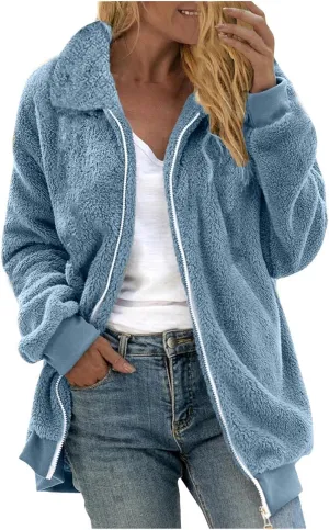 Fleece Jacket for Women Winter Warm Zip Up Stand Collar Coat Fluffy Sherpa Outerwear with Pockets