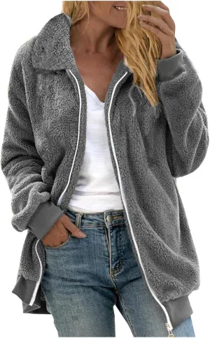 Fleece Jacket for Women Winter Warm Zip Up Stand Collar Coat Fluffy Sherpa Outerwear with Pockets