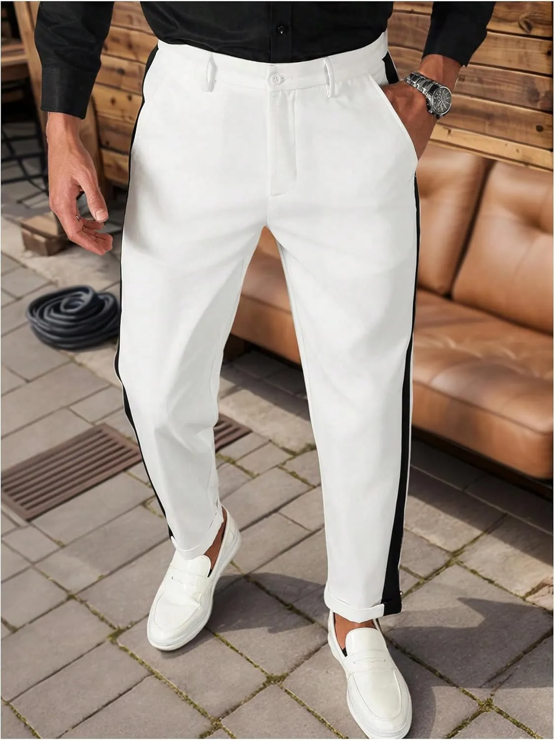 Floerns Men's Stretch Dress Pants Striped Side Work Business Suit Pants