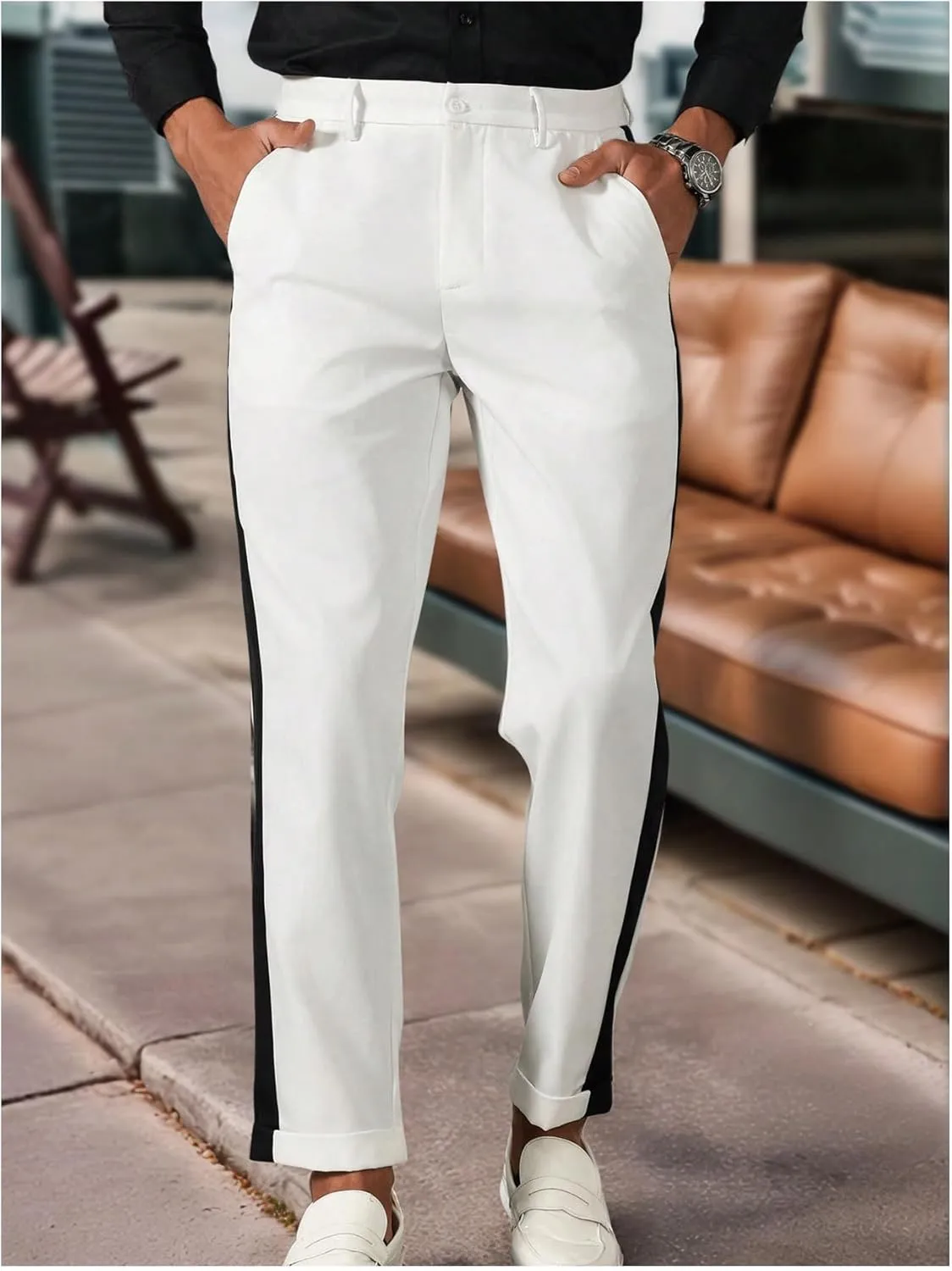 Floerns Men's Stretch Dress Pants Striped Side Work Business Suit Pants