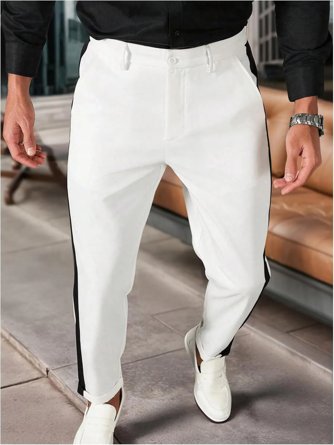 Floerns Men's Stretch Dress Pants Striped Side Work Business Suit Pants