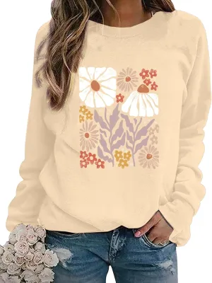 Flower Sweatshirt Women Wildflower Shirts Vintage Minimalistic Flower Print Sweatshirt Fall Autumn Pullover Tops