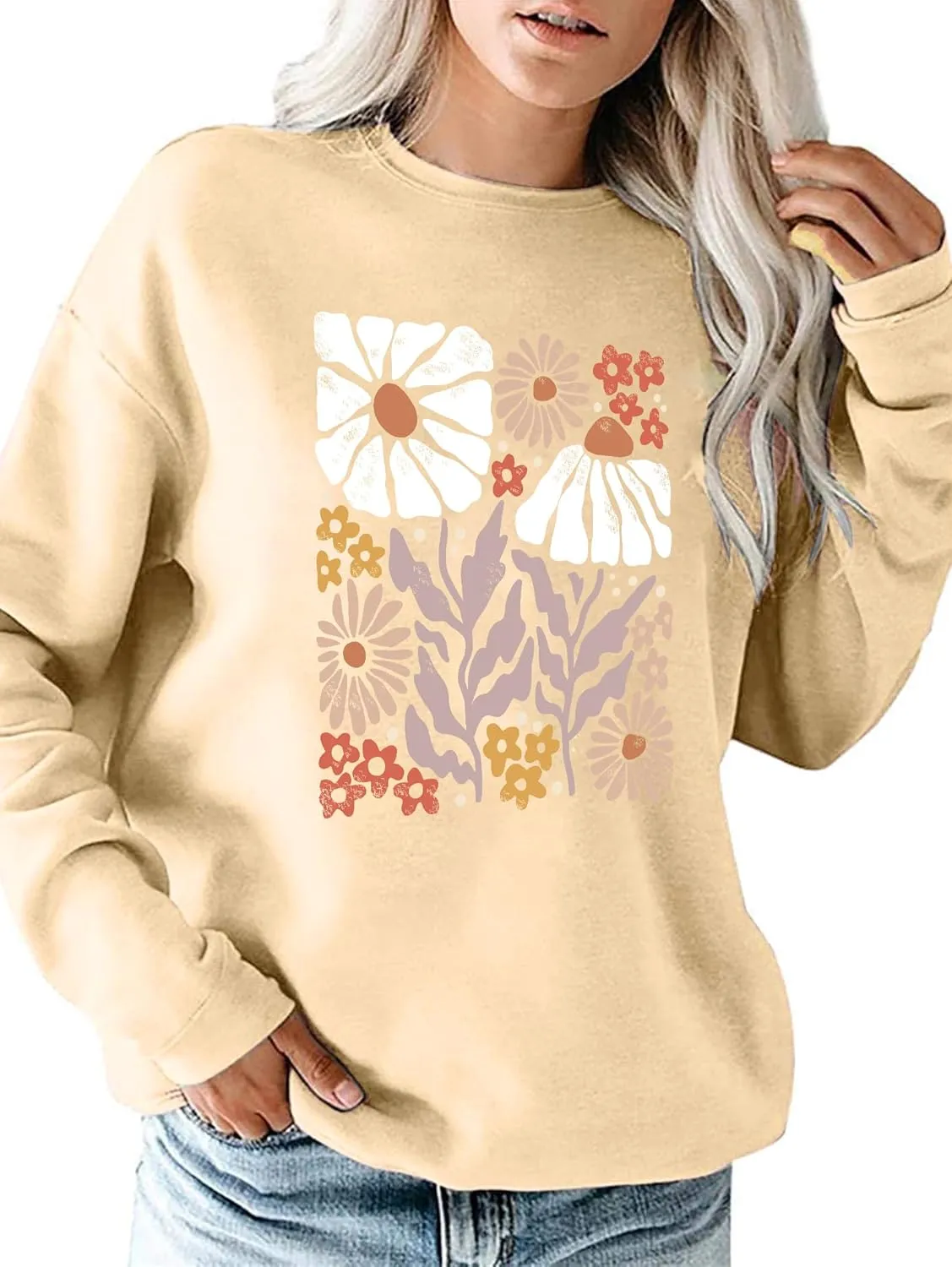 Flower Sweatshirt Women Wildflower Shirts Vintage Minimalistic Flower Print Sweatshirt Fall Autumn Pullover Tops