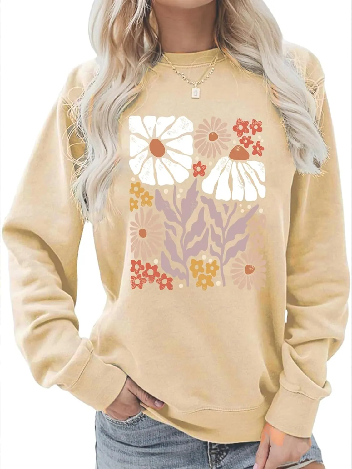 Flower Sweatshirt Women Wildflower Shirts Vintage Minimalistic Flower Print Sweatshirt Fall Autumn Pullover Tops