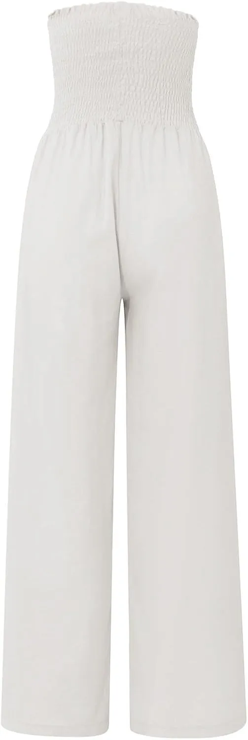 Flwoy Palazzo Pants for Women Smocked Elastic Waist Boho Linen Wide Leg Pants Casual Flowy Summer Pants with Pockets