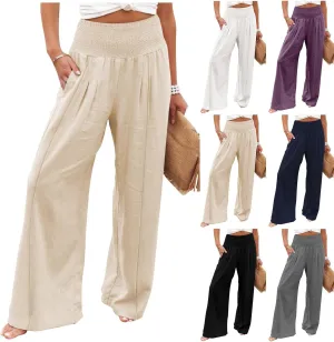 Flwoy Palazzo Pants for Women Smocked Elastic Waist Boho Linen Wide Leg Pants Casual Flowy Summer Pants with Pockets