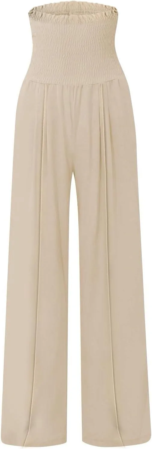 Flwoy Palazzo Pants for Women Smocked Elastic Waist Boho Linen Wide Leg Pants Casual Flowy Summer Pants with Pockets