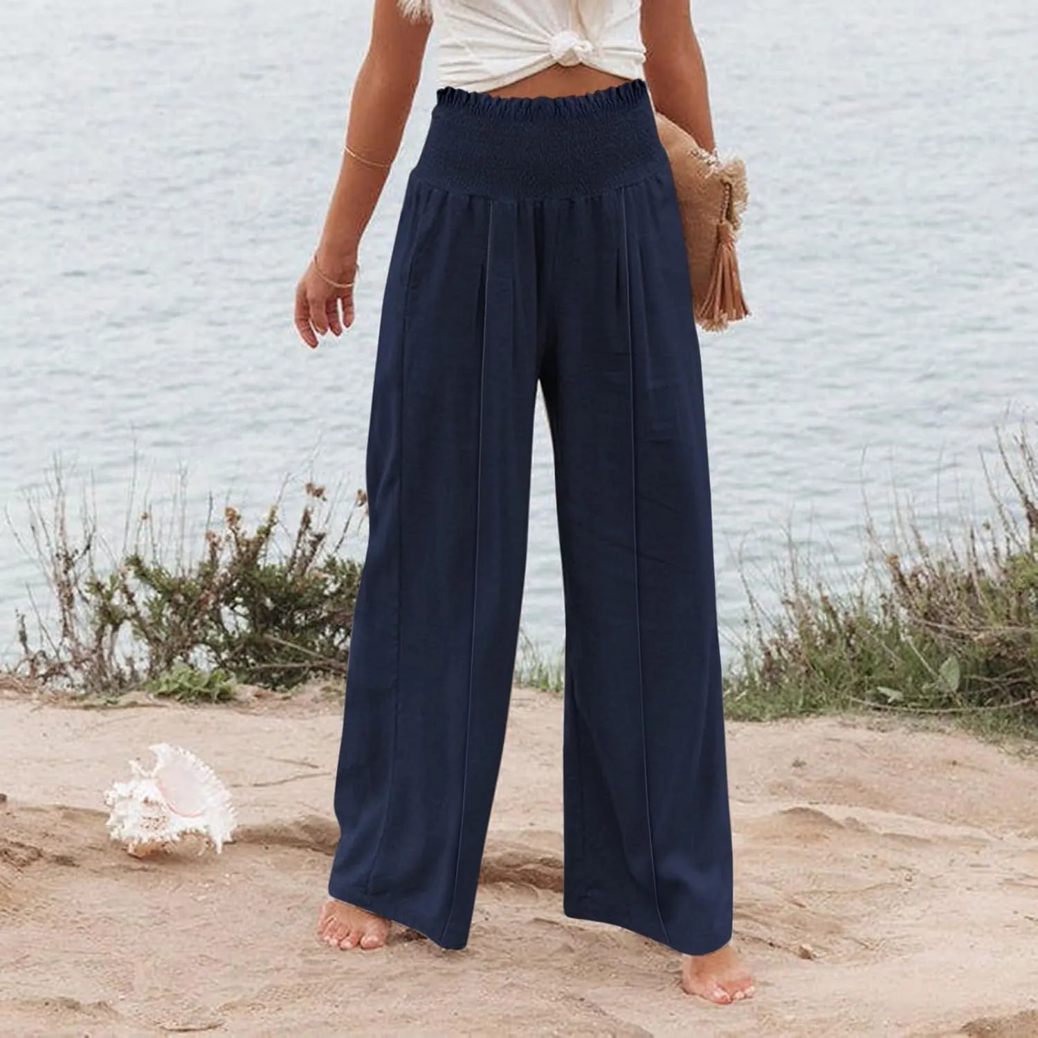Flwoy Palazzo Pants for Women Smocked Elastic Waist Boho Linen Wide Leg Pants Casual Flowy Summer Pants with Pockets