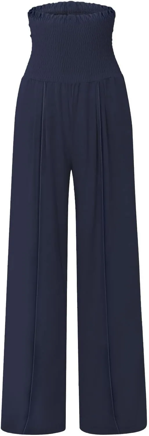 Flwoy Palazzo Pants for Women Smocked Elastic Waist Boho Linen Wide Leg Pants Casual Flowy Summer Pants with Pockets